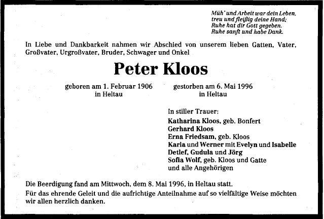 Kloos Peter 1906-1996 Todesanzeige